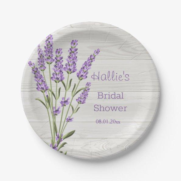 Purple lavender flowers on wood Bridal Shower Paper Plates