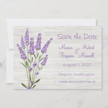 Purple Lavender Flowers on Wood Save the Date Invitations