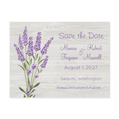 Purple lavender flowers on wood Save the Date Post