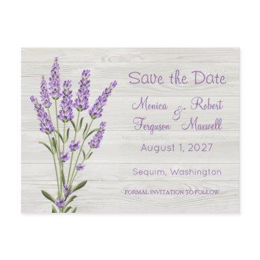 Purple lavender flowers on wood Save the Date PostInvitations