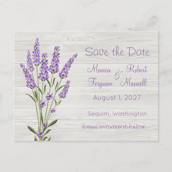 Purple lavender flowers on wood Save the Date PostInvitations