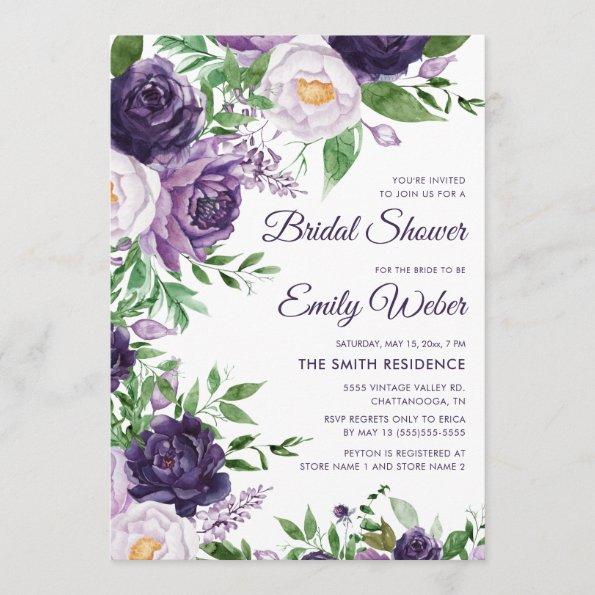 Purple Lavender Watercolor Floral Bridal Shower Invitations