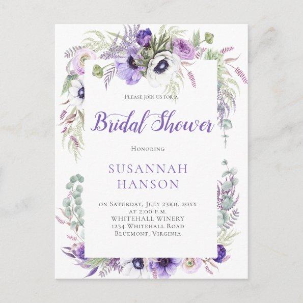 Purple Lavender White Watercolor Bridal Shower PostInvitations