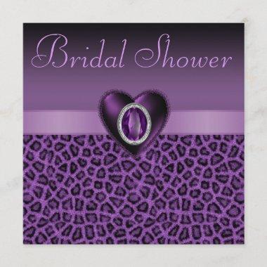 Purple Leopard Print & Bling Hearts Bridal Shower Invitations