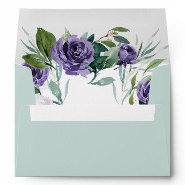 Purple Light Mint Green Watercolor Floral Wedding Envelope