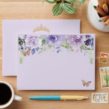 Purple Lilac Floral Gold Butterflies Quinceañera Envelope