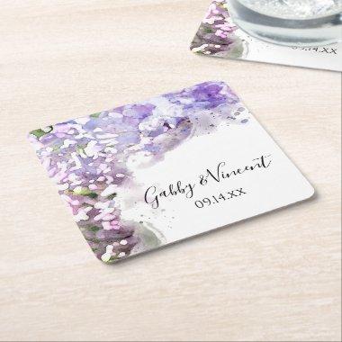Purple Lilac Flowers Watercolor Wedding Square Paper Coaster