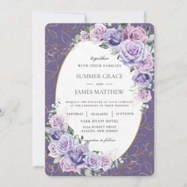 Purple Lilac Lavender Roses Floral Gold Wedding Invitations
