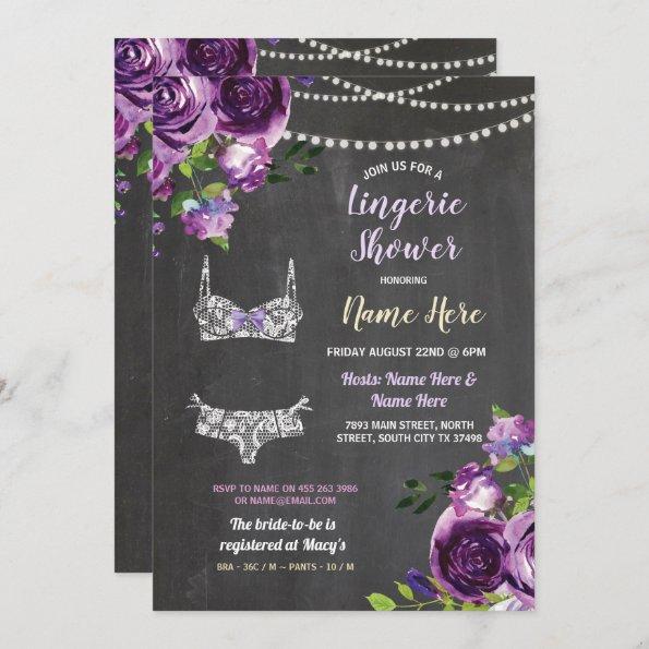 Purple Lingerie Shower Bow Panties Bra Floral Invitations