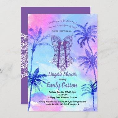 Purple lingerie shower. Tropical bridal party Invitations