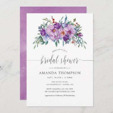 Purple Magnolia and Roses watercolor Bridal Shower Invitations