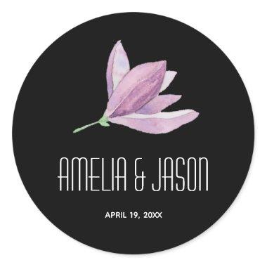 Purple Magnolia Floral Wedding Favor on Black Classic Round Sticker