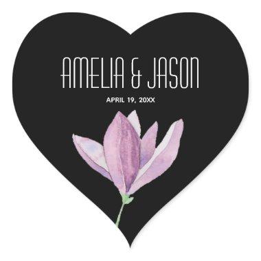 Purple Magnolia Floral Wedding Favor on Black Heart Sticker