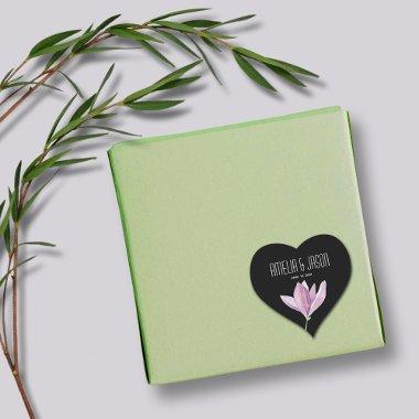 Purple Magnolia Floral Wedding Favor on Black Heart Sticker