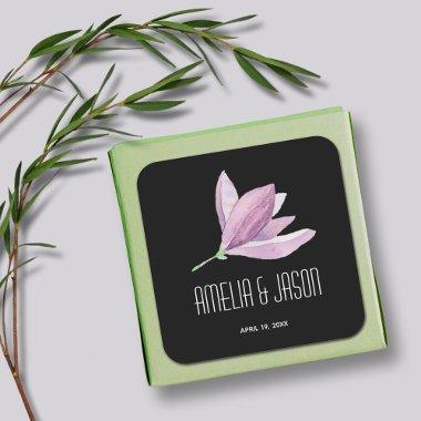 Purple Magnolia Floral Wedding Favor on Black Square Sticker