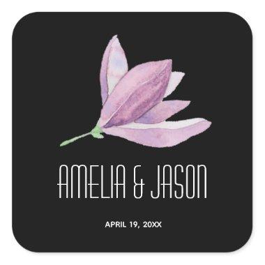 Purple Magnolia Floral Wedding Favor on Black Square Sticker