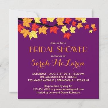 Purple Maple Leaves Fall Bridal Shower Invitations