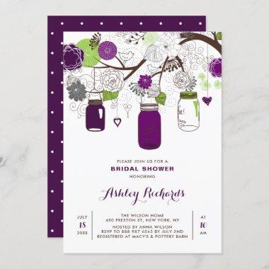 Purple Mason Jars Floral Bridal Shower Invitations
