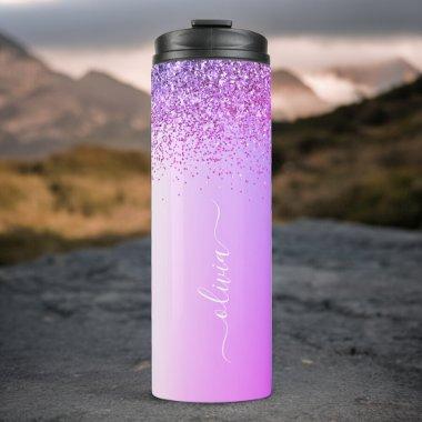 Purple Monogram Glitter Sparkle Girly Script Thermal Tumbler