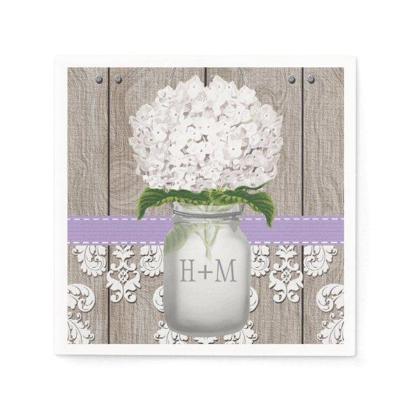 Purple Monogrammed White Hydrangea Mason Jar Paper Napkins