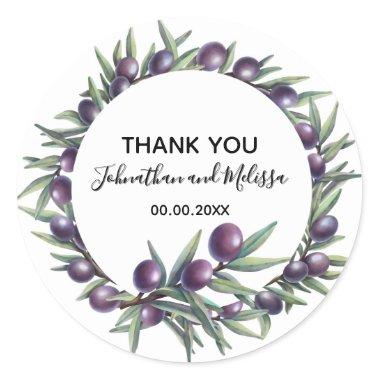 Purple olive branch / thank you party classic round sticker
