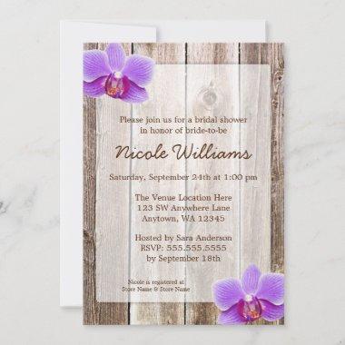 Purple Orchid Rustic Barn Wood Bridal Shower Invitations