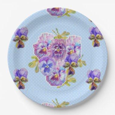 Purple Pansy dot Flowers Pattern Paper Party Plate