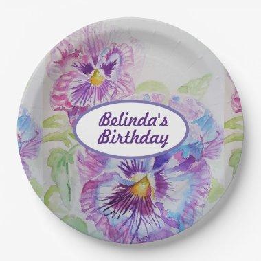 Purple Pansy Flowers Pattern Birthday Party Plate