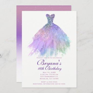 Purple Pastel Glitter Glam Dress Sweet 16 Party Invitations