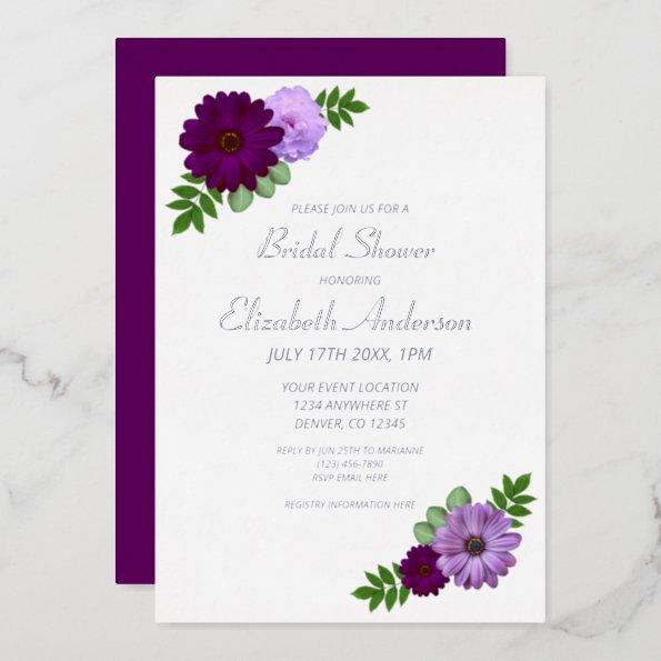 Purple Peony Floral Bridal Shower Foil Invitations