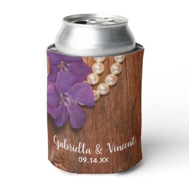 Purple Periwinkle Pearls Barn Wood Country Wedding Can Cooler