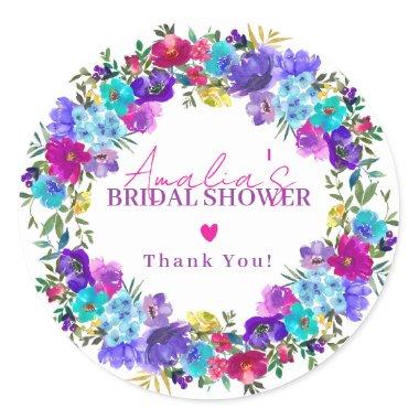 Purple Pink Blue Floral Bridal Shower Thank You Classic Round Sticker