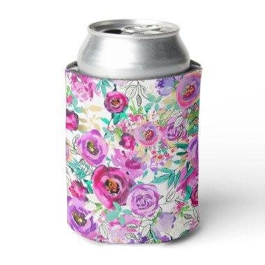 Purple Pink Bright Colorful Modern Floral Pattern Can Cooler