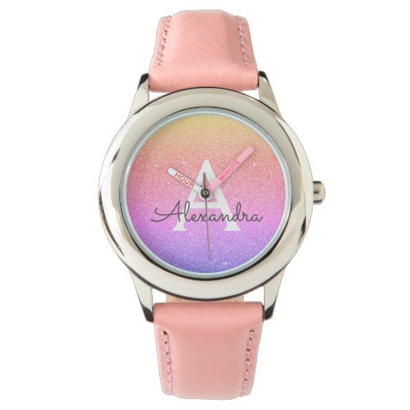 Purple Pink Glitter and Sparkle Monogram Luxury Watch