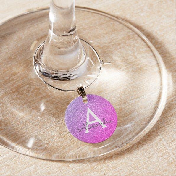 Purple Pink Glitter and Sparkle Monogram Wine Charm