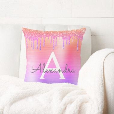 Purple Pink Glitter Brushed Metal Monogram Name Throw Pillow