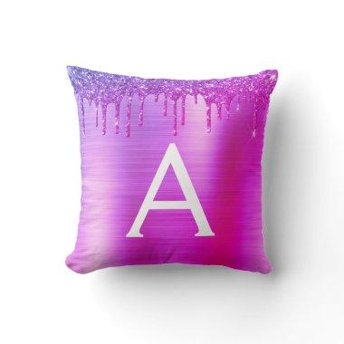 Purple Pink Glitter Brushed Metal Monogram Name Throw Pillow