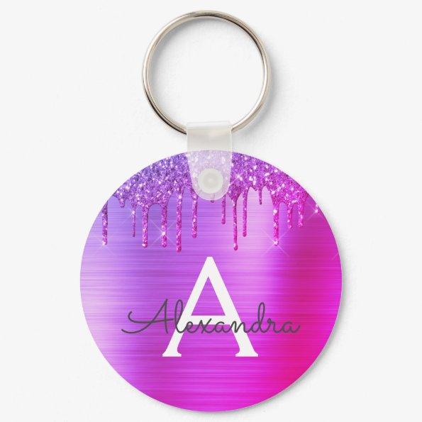 Purple Pink Glitter Stainless Steel Monogram Keychain