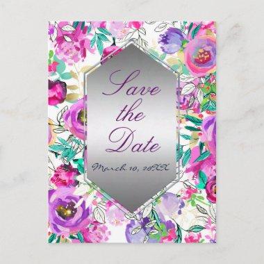 Purple Pink Modern Floral Wedding Save the Date Announcement PostInvitations