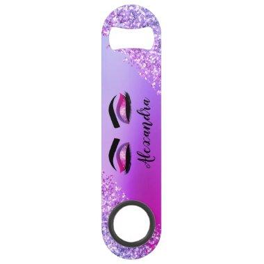 Purple Pink Monogram Glitter Eyelashes Modern Bar Key