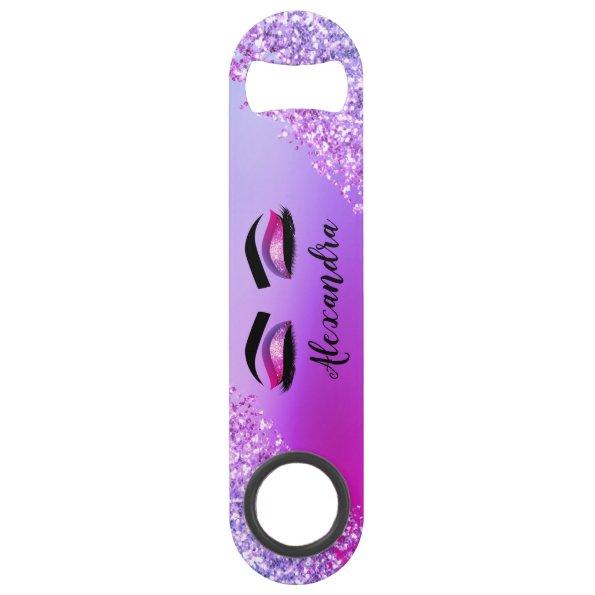 Purple Pink Monogram Glitter Eyelashes Modern Bar Key