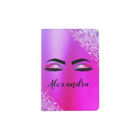 Purple Pink Monogram Glitter Eyelashes Modern Passport Holder