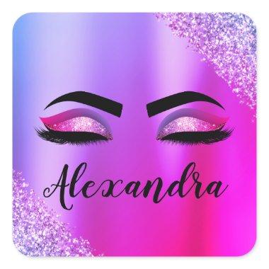 Purple Pink Monogram Glitter Eyelashes Modern Square Sticker