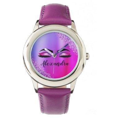 Purple Pink Monogram Glitter Eyelashes Modern Watch