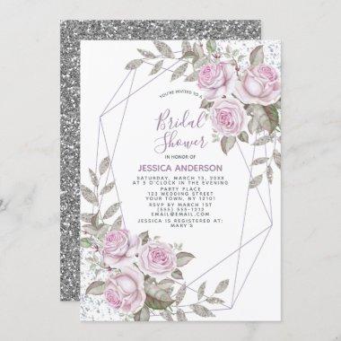 Purple Pink Silver Glitter Geometric Bridal Shower Invitations