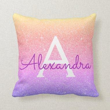 Purple Pink Sparkle Glitter Monogram Name Throw Pillow