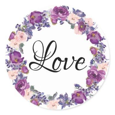 Purple, Plum and Blush Pink Floral Wreath Love Classic Round Sticker