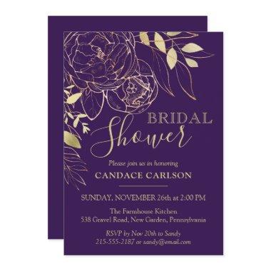 Purple Plum & Gold Modern Floral Bridal Shower Invitations