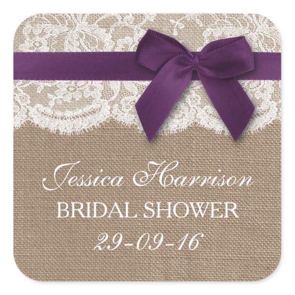 Purple Ribbon On Burlap & Lace Bridal Shower Square Sticker