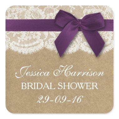 Purple Ribbon On Kraft & Lace  Square Sticker